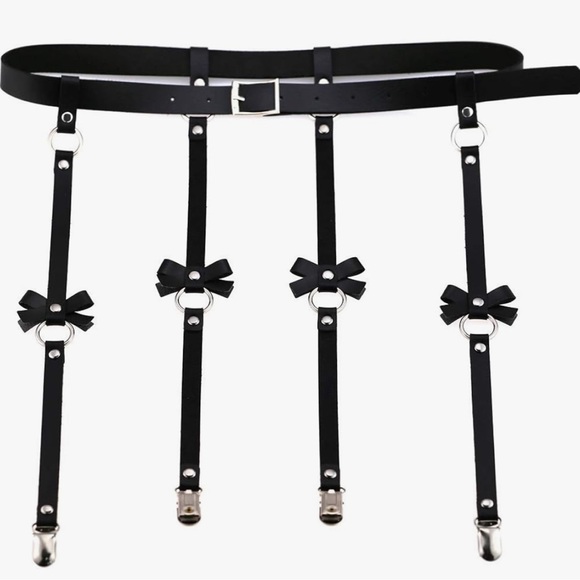 Black bow belt garter corset lingerie faux leather vegan buckle bondage straps - Picture 2 of 2